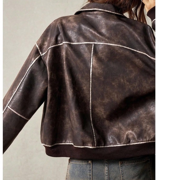 Luxe Brown Vegan Leather Zip up Oversized jacket Coat - Picture 5 of 8